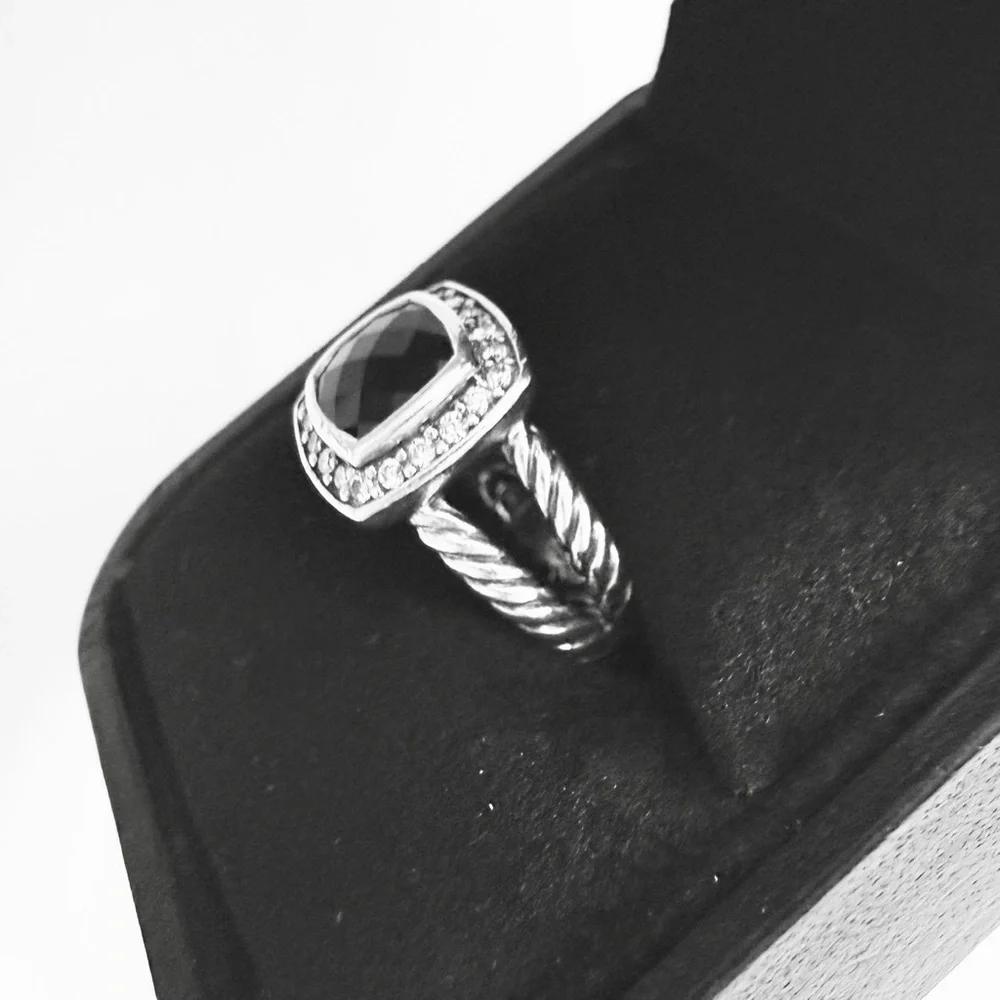 David Yurman Petite Albion Black Onyx/Diamond 925 Silver Ring 7mm stone sz 5.5-6 - Picture 3 of 5